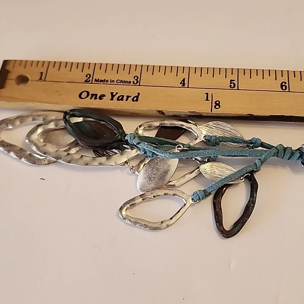 Teal Leather Cord Necklace Silver & Copper Colored Leaf Pendants Lobster Clasp